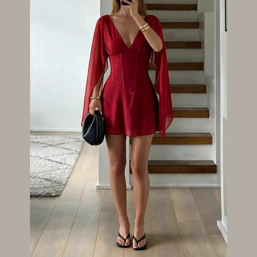 Burgundy Sheer Chiffon Corset Waist Draped Cape Sleeve Mini Dress